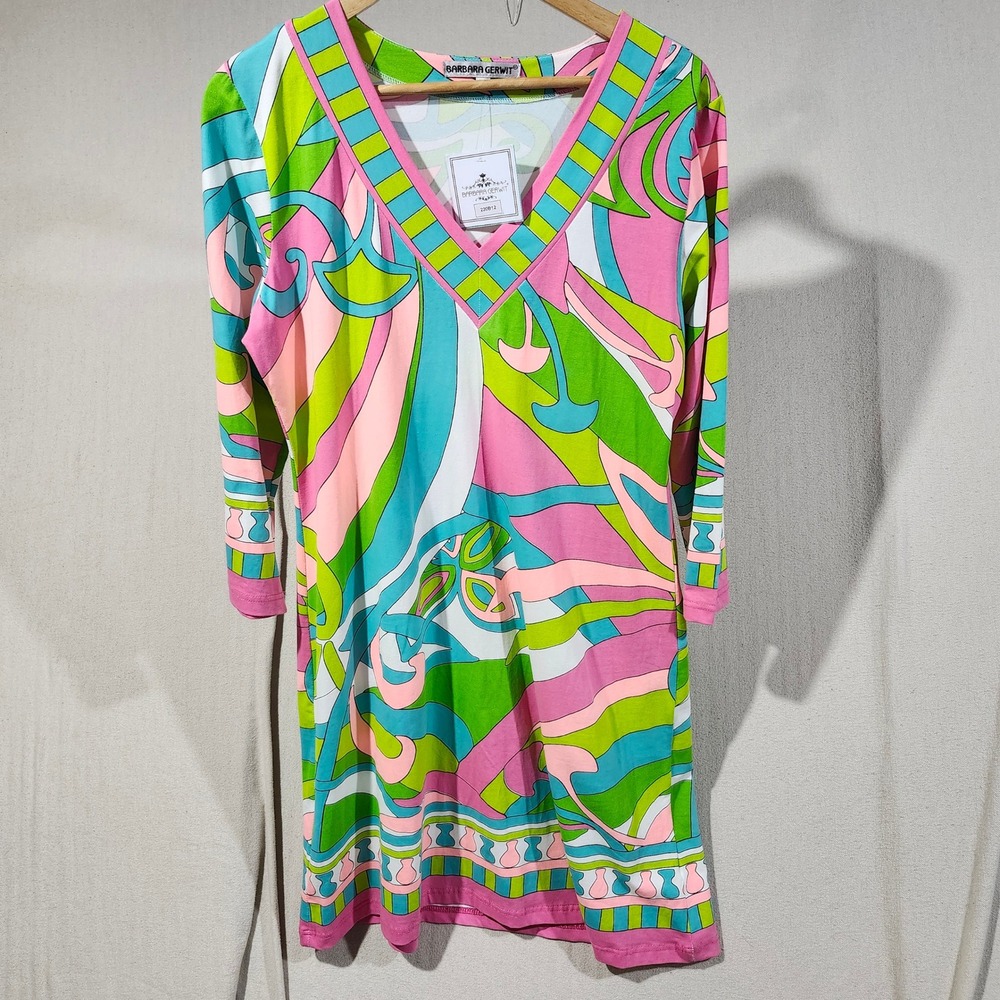 Barbara Gerwit Supra Cotton V-Neck Psychedelic Abstract Retro Print Dress XL NEW